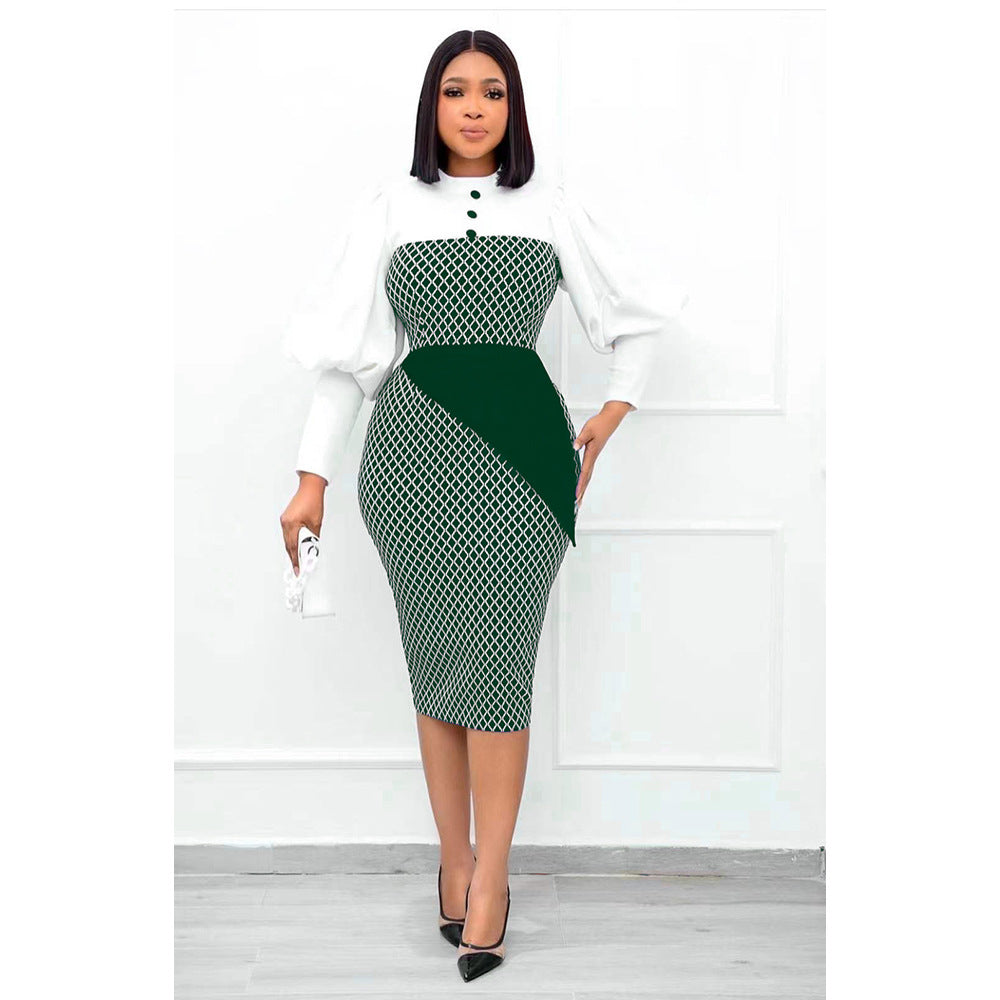 African foreign trade  hot-selling women's fashion plaid patchwork bodycon pencil skirt ol daily commute dress