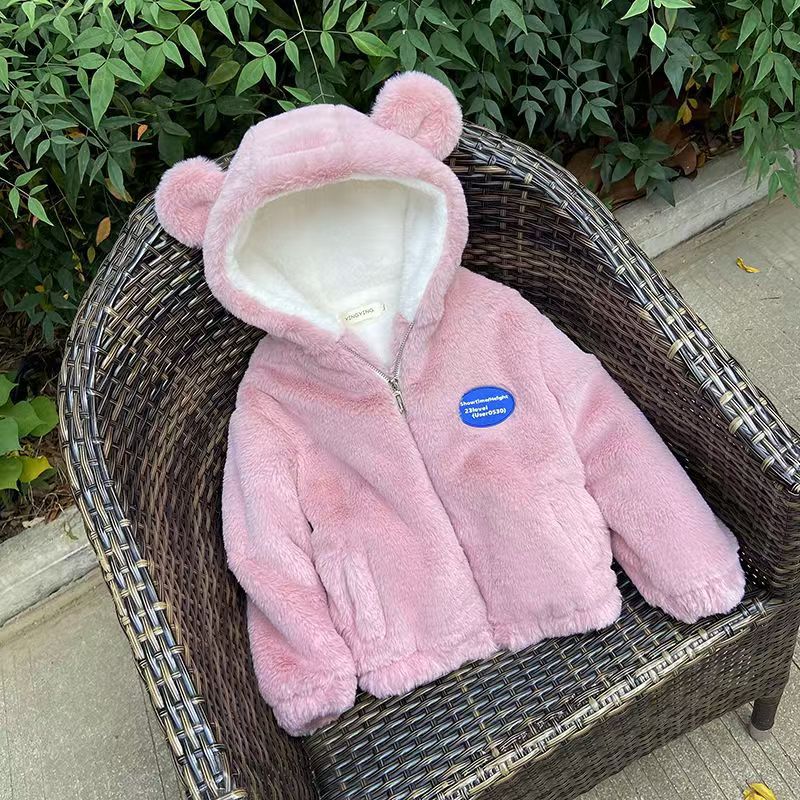 Winter fur faux fur kids' coat - warm, thickened, plush, faux rabbit fur hooded cotton-padded jacket for girls (mid-size)