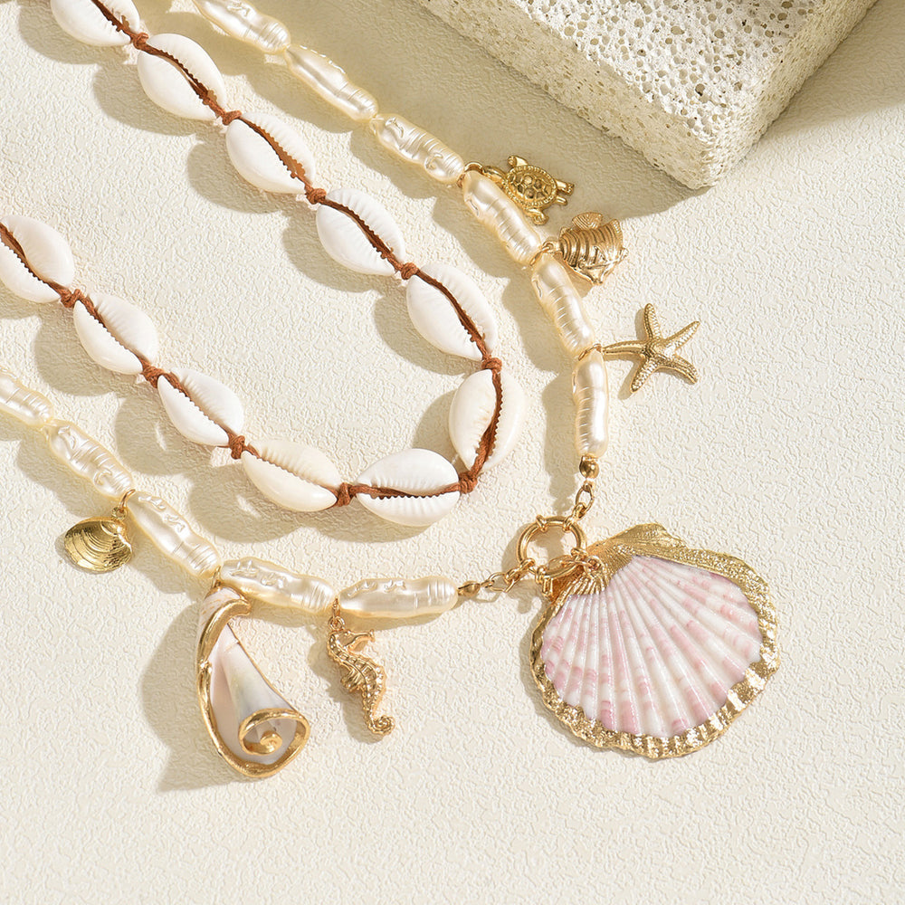 Bohemian shell necklace wholesale cross-border niche irregular holiday style stacked starfish imitation pearl clavicle chain