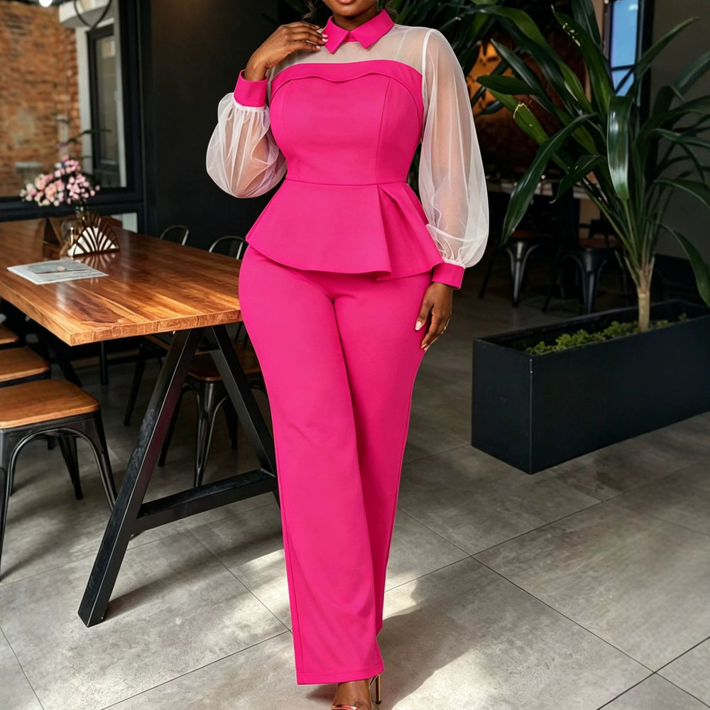 Autumnew arrival color matching casualtwo-piece set work clothing mesh patchwork lapel waist rufflestopsstraight-leg pants