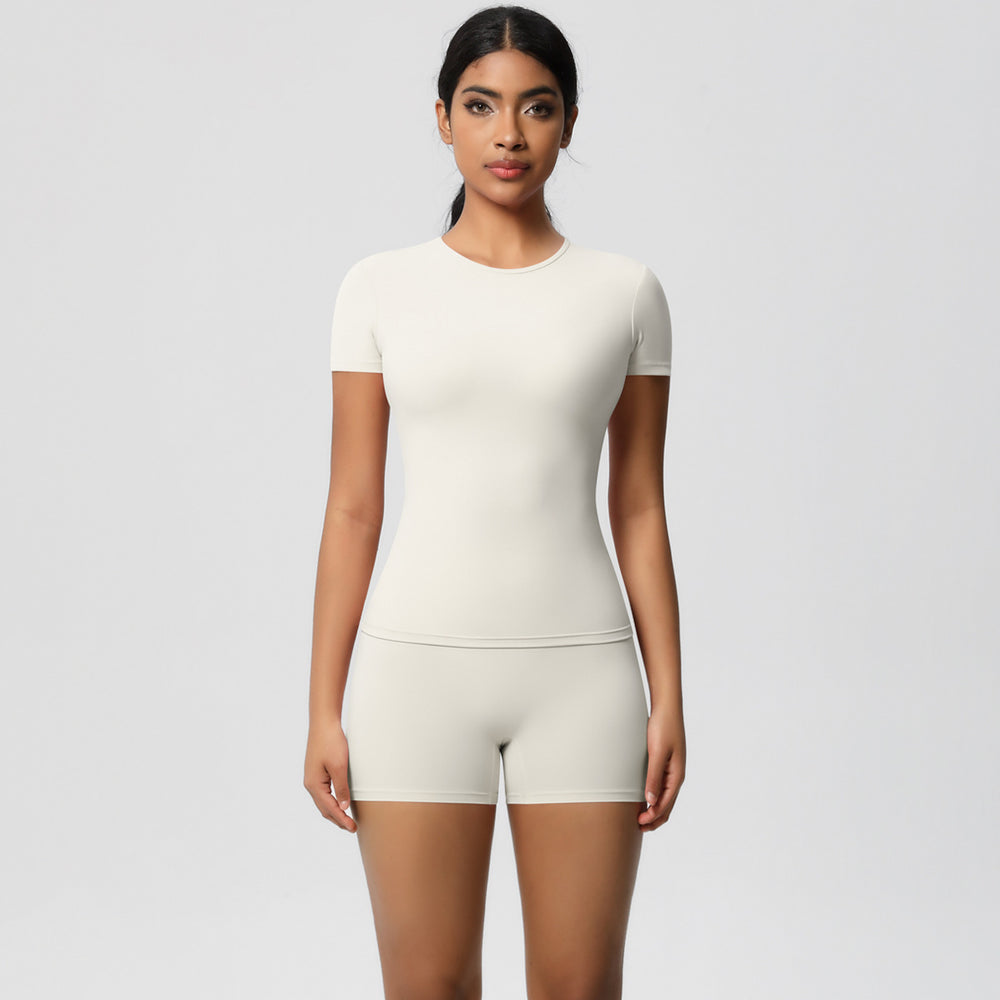 European and american nude feel tight-fitting short-sleeve t-shirt yoga outfit high-waisted butt-lifting quick-dry shorts running sports fitness set for women