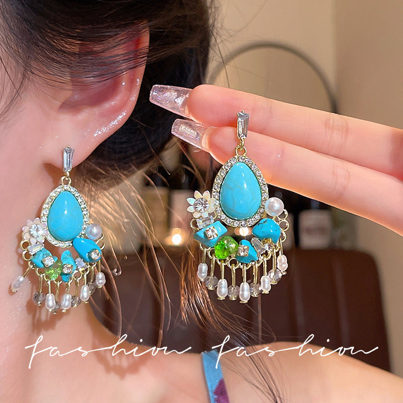 New chinoiserie retro turquoise tassel flower earrings women's niche design ethnic style earrings fashionelegant earrings