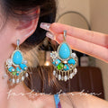 New chinoiserie retro turquoise tassel flower earrings women's niche design ethnic style earrings fashionelegant earrings