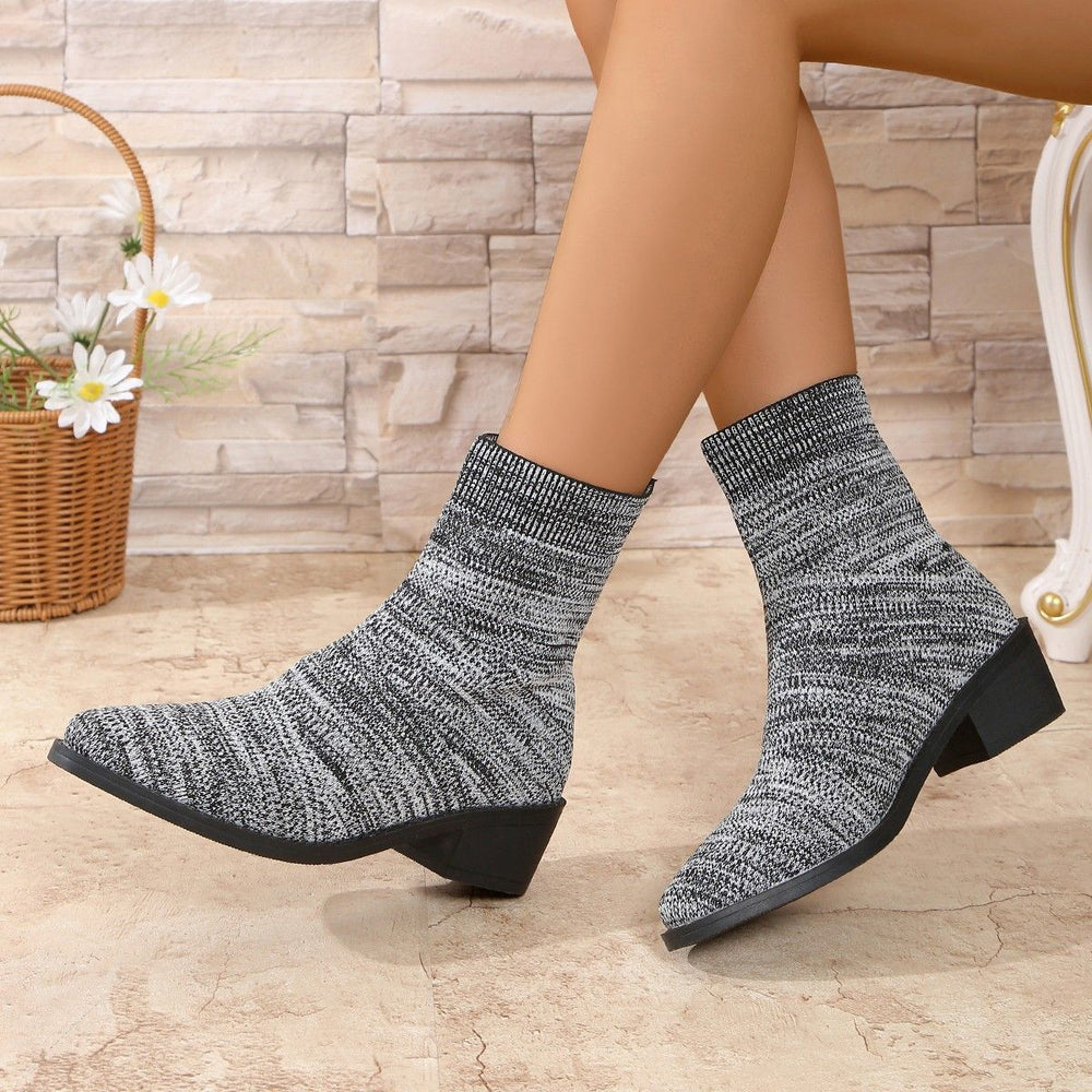 fall/winter new arrival: plus size knit boots for export - breathable knit stretch boots, pointed toe square heel slip-on ankle boots for women