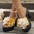 Plus size women's sandals for export -  summer new arrival: one-strap, floral appliqué, wedge heel, thick-soled beach slippers for cross-border e-commerce