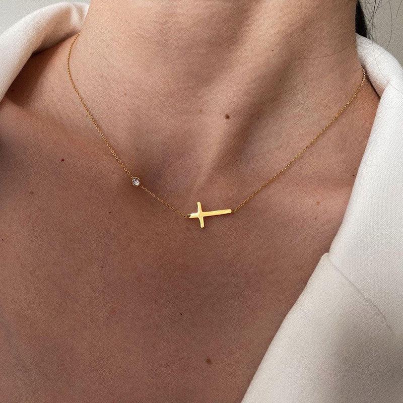 European and american style cross-border niche small and large diamond-encrusted cross necklace bracelet two-piece set clavicle chain for women titanium steel does not fade