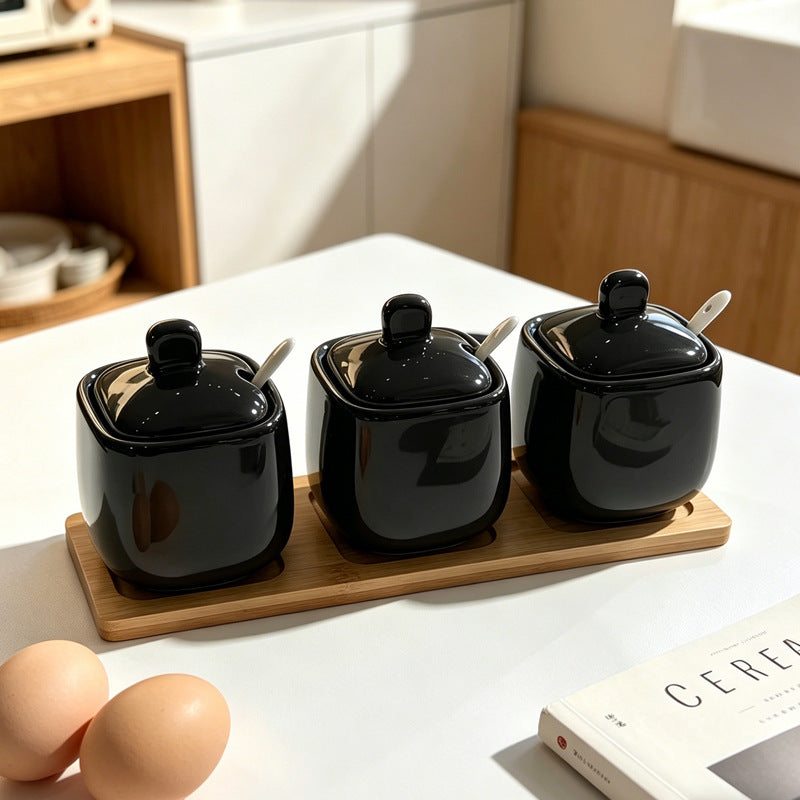 Wow, simple style seasoning jar ceramic seasoning box for home with lid wooden tray msg salt shaker round seasoning jar