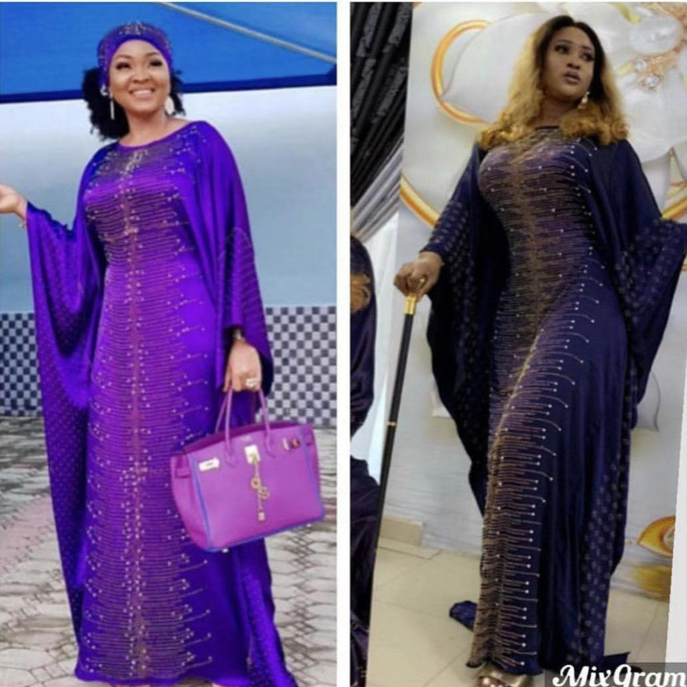 african plus size women's clothing heavy industry hot diamond beading silk satin round neck wide bat sleeve robe matching headscarf