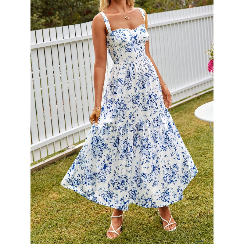 Aliexpress cross-border original design: women's elegant spaghetti strap vacation-style printed dress