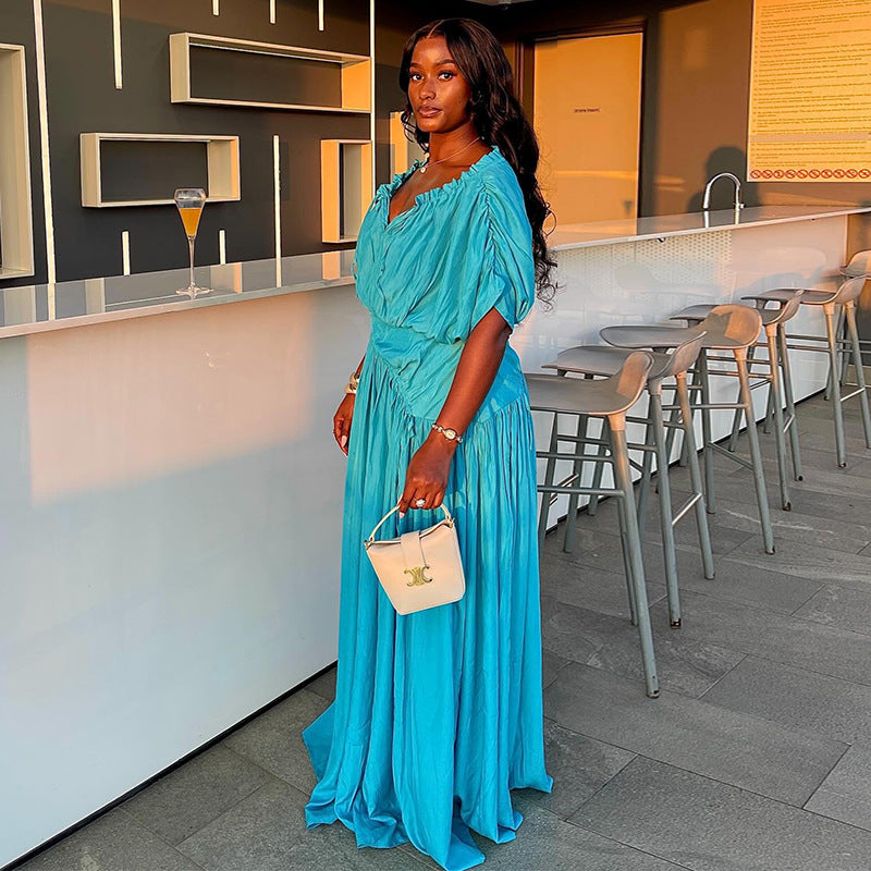 European and american women's clothing  autumn new collection: sweet and fresh v-neck batwing sleeve high-waisted slimming a-line maxi dress