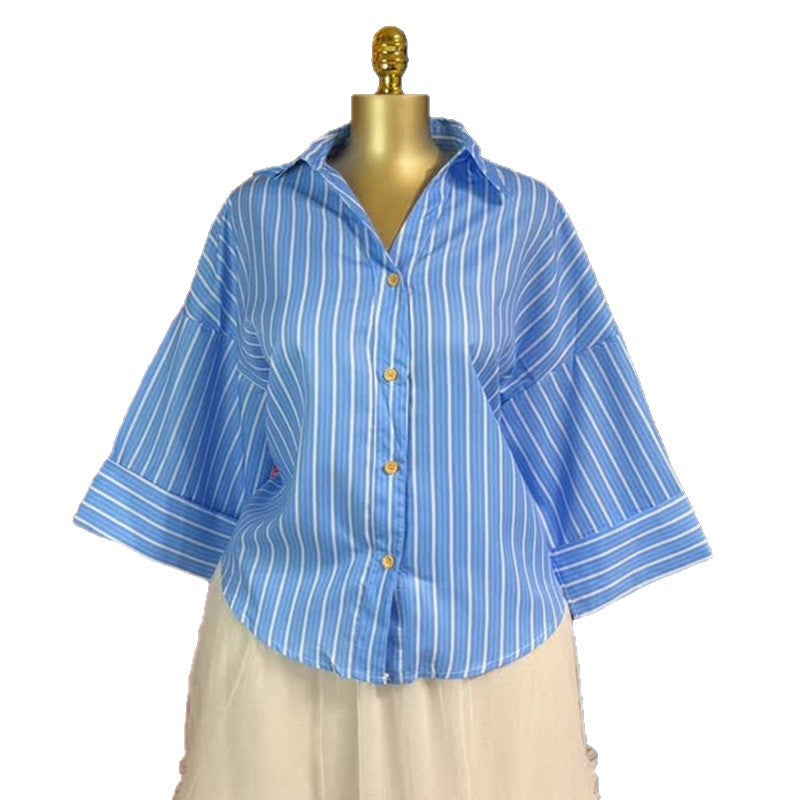 European and american women's clothing  autumn new sweet and fresh striped turn-down collar three-quarter sleeve single-breasted button-down shirt top