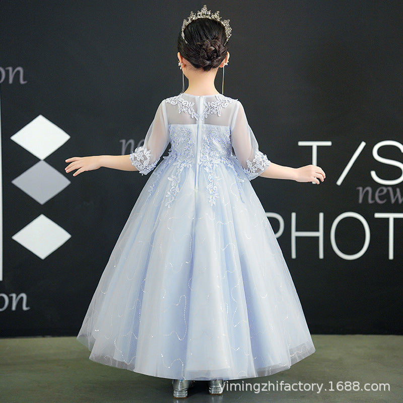 Hot-selling lace girls' dresses: new 3/4 sleeve princess dresses for girls, perfect for performances (sizes for mid-to-large children)