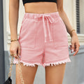 Fashion cross-border foreign trade  independent station new arrival elastic waist drawstring casual high waist raw edge denim shorts for women