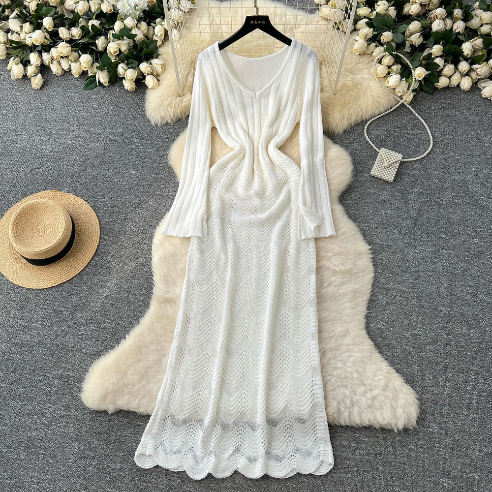 Sweater dress women's layered inner suspender skirt two-piece set spring korean style classy sense cut outknitting long skirt