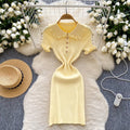 Frenchretro doll collar short-sleeved waist knittingdress women's summerslimming lookelegant tight hip-hugging sweater skirt