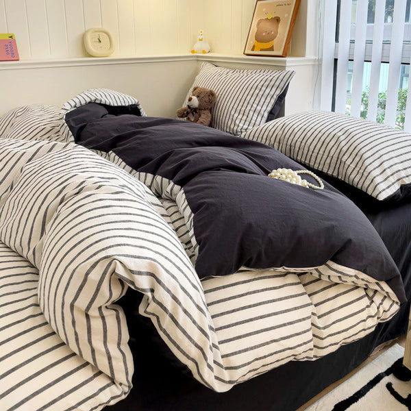 Simple pure cotton washed cotton bed four-piece set cotton striped bedding student dormitory quilt cover bed sheet person three-piece set