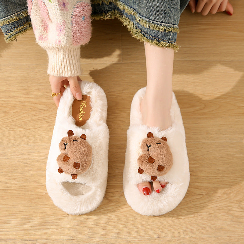 Korean style cartoon cute capybara fuzzy slippers women's autumn/winter new thick sole comfortable one-strap capybara cotton slippers