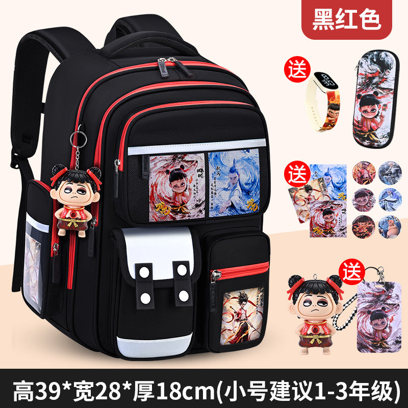 New nezha backpack for boys and girls, grades 1-6: spine protection, lightweight design, and extra-large capacity