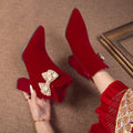 Boots women's outwear 2024 fall and winter style pointed thick heel xiuhe red bridal shoes suede short boots wedding shoes