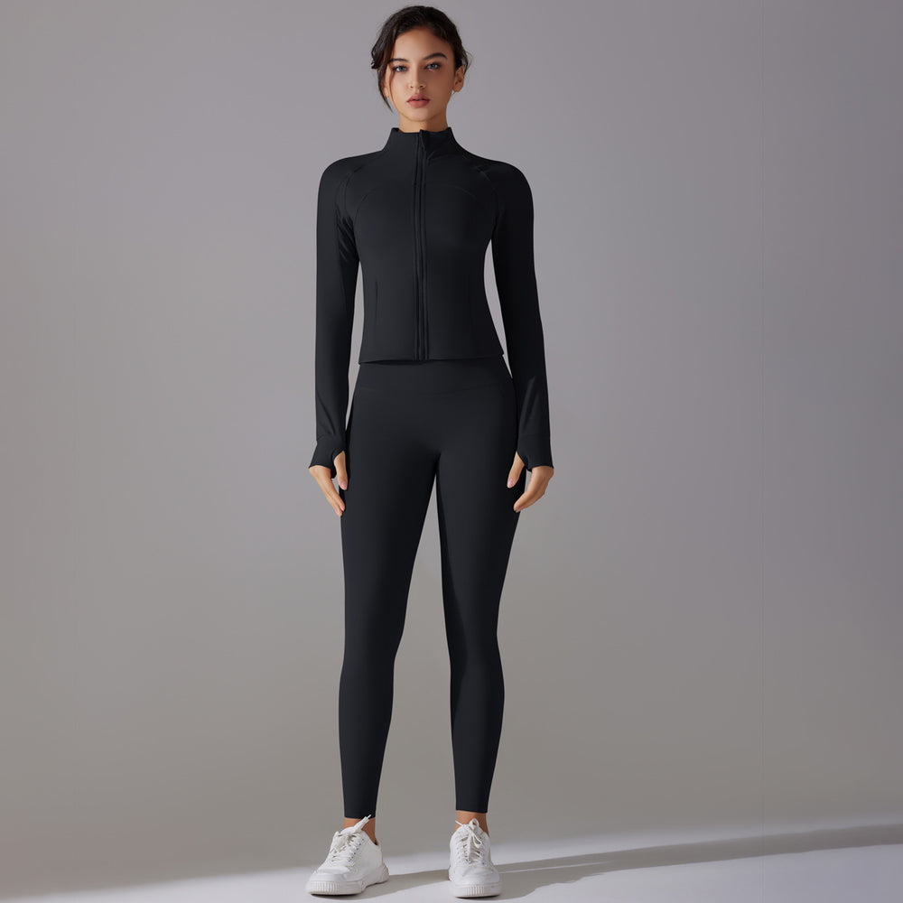 Amazon's new stand-up collar zipper long sleeves yoga clothes high waist hip lifting tight pants naked running fitness suit