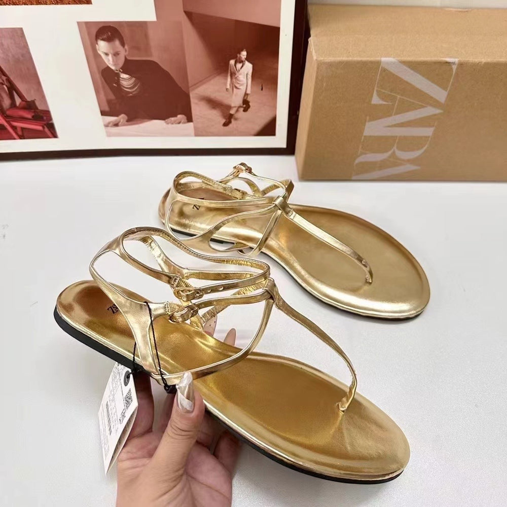 2024 summer new arrivals: gold metallic leather thong sandals - casual, flat, beach-ready slides for women