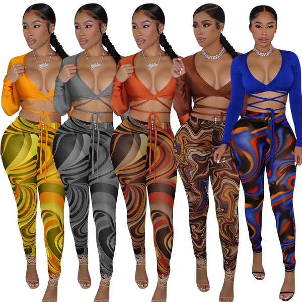 YD8538-D12 special products are non-refundable and non-exchangeable, European and American women's clothing, fashionable and sexy mesh printing two-piece set