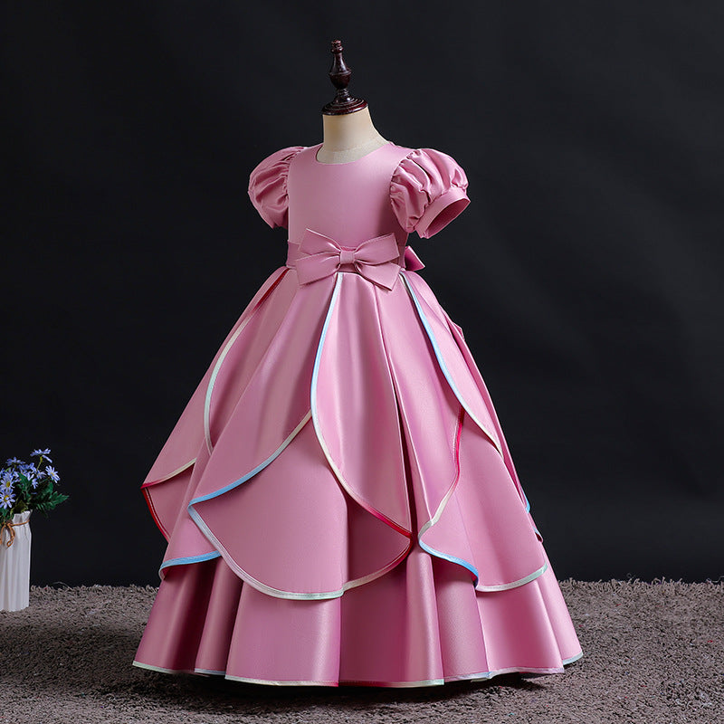 Export kids dress satin rainbow edge princess dress girl puff sleeve high-end birthday piano performance dress