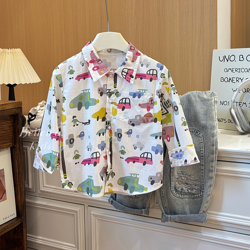 boys' spring/autumn casual top - new stylish cartoon print, trendy korean style, 100% cotton for toddlers and young children