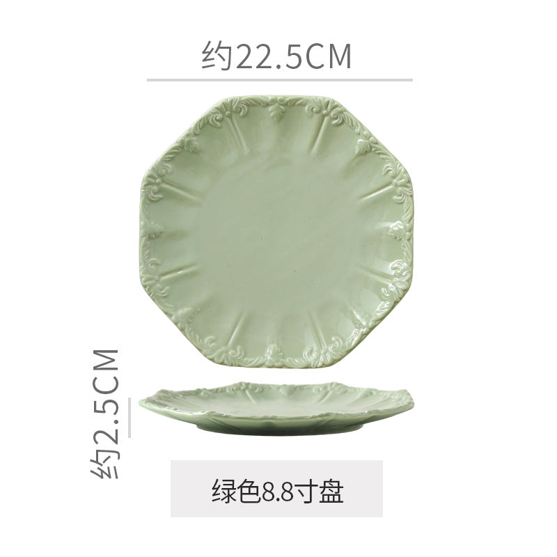 Embossed retro ceramic dinnerware set - french style, high-end steak plates, dessert plates, and salad bowls for home use