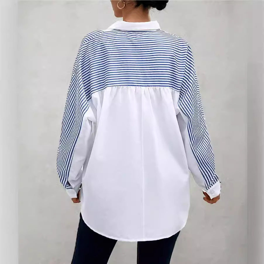 European and american cross-border e-commerce   new arrival: chic commute color block autumn long-sleeve women's blouse