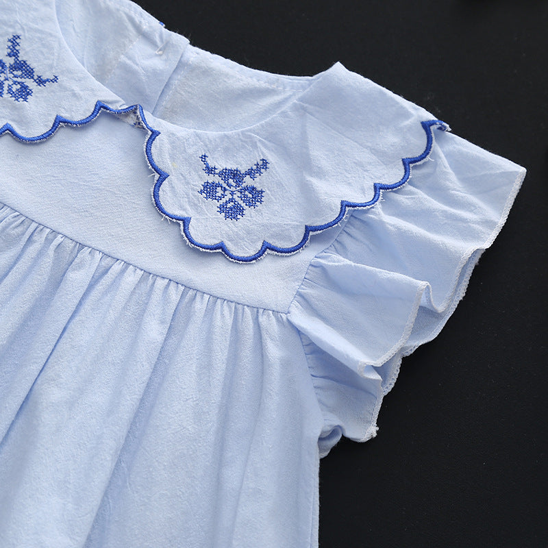 Summer girls' solid color lace collar round neck casual short sleeve flutter sleeve outerwear dress for toddlers and young children