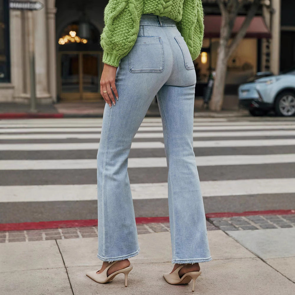 Amazon stretch jeans women's new european and american style elegant commute micro flare washed double button denim pants