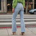 Amazon stretch jeans women's new european and american style elegant commute micro flare washed double button denim pants