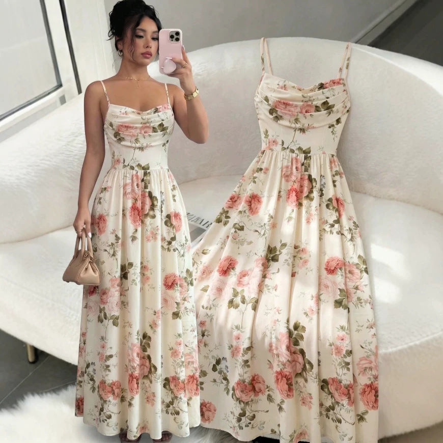 european and american style women's elegant slim-fit printed slip dress with cinched waist
