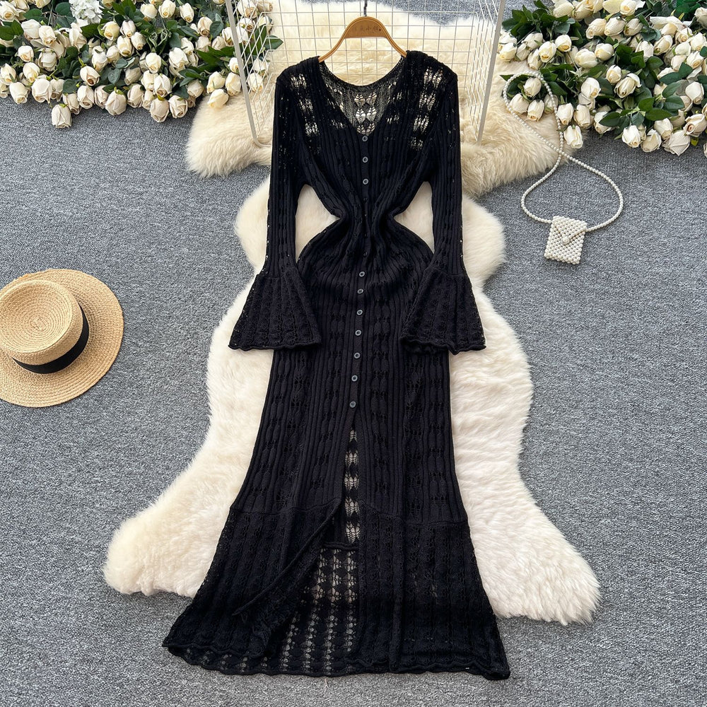 Classy sense cut out crochet bell long sleeves knittingdress female heart v neck single breasted cardigan waist long skirt