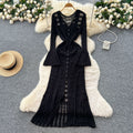 Classy sense cut out crochet bell long sleeves knittingdress female heart v neck single breasted cardigan waist long skirt