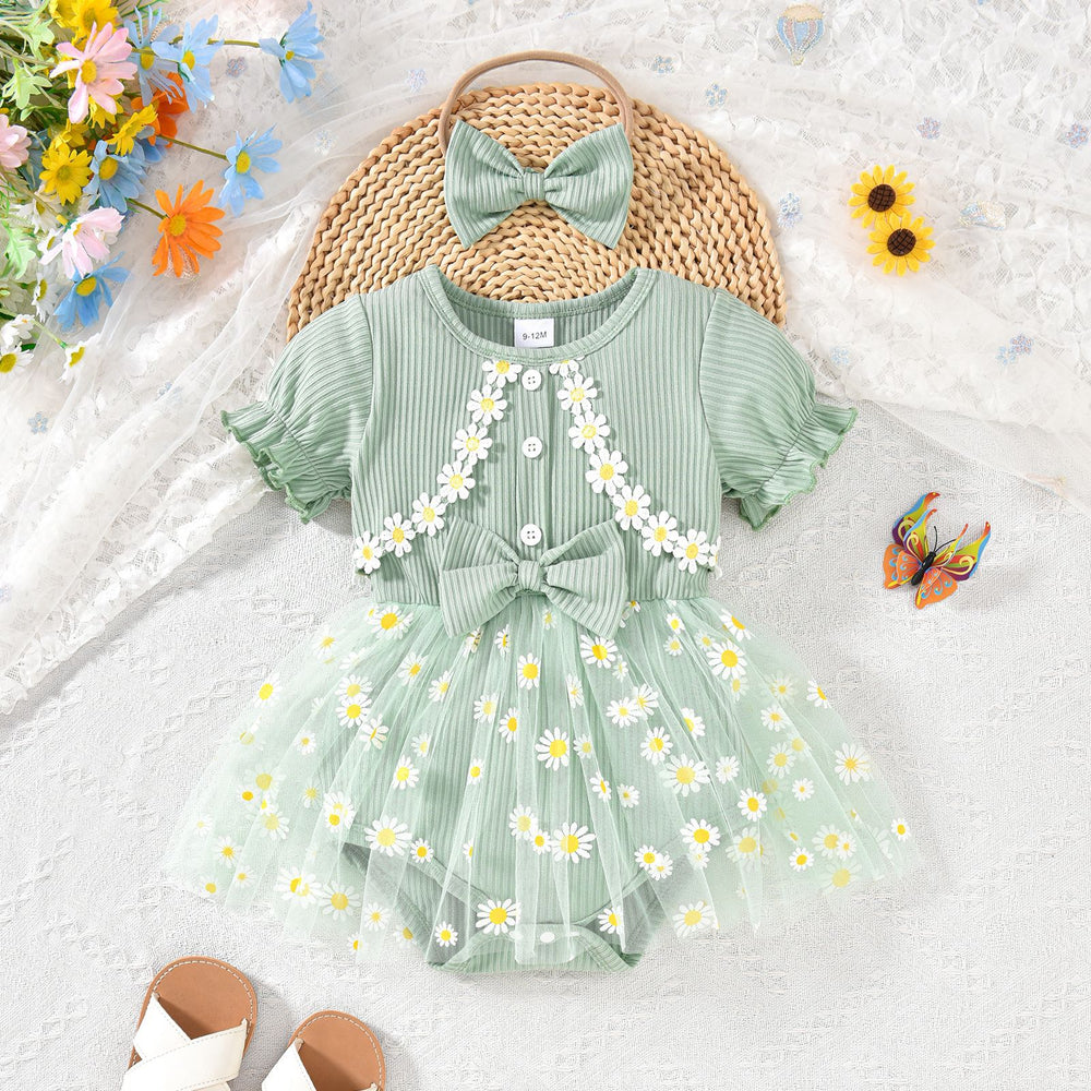 Baby girl party outfit cute ribbed knit patchwork mesh floral fake two-piece mesh romper dress with headband