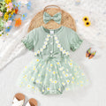 Baby girl party outfit cute ribbed knit patchwork mesh floral fake two-piece mesh romper dress with headband