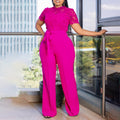 D509 european and american style  sexy lace trim cutout short sleeve tie-up high waist wide leg jumpsuit - wholesale