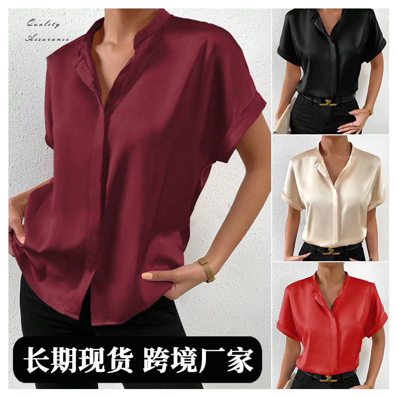 popular European and American  women's clothing solid color satin short-sleeved, shoulder stand-up collar short-sleeved shirt satin shirt