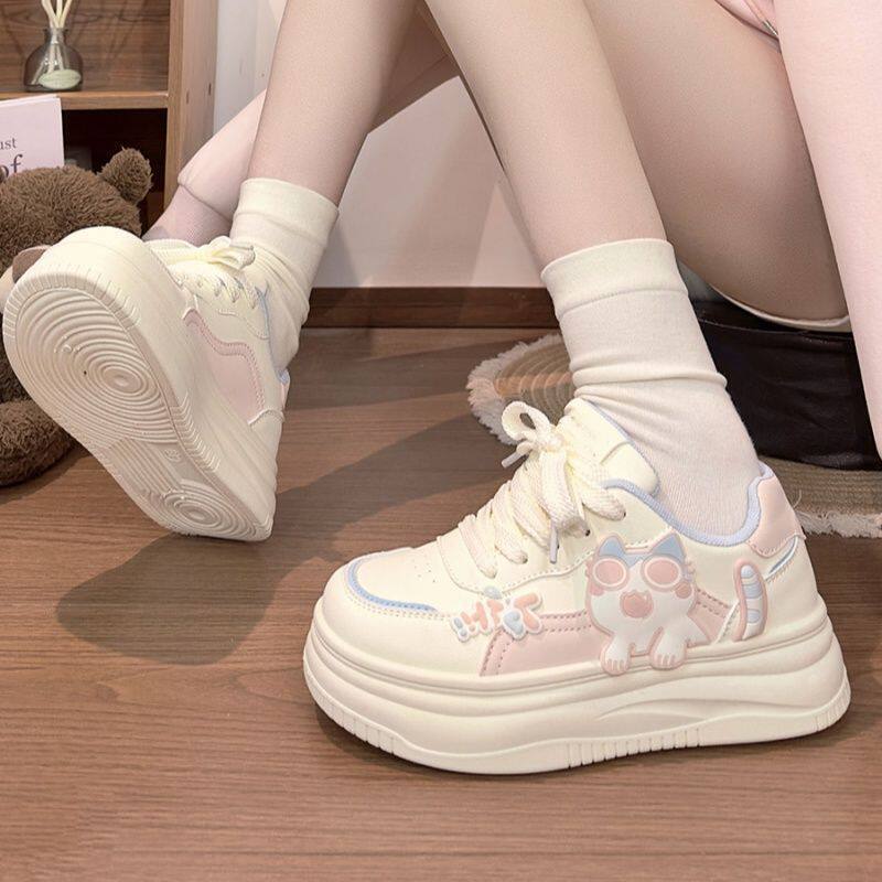 Simple pink women's shoes cute kitten white shoes women  spring and autumn new cartoon student thick solek-style sneakers