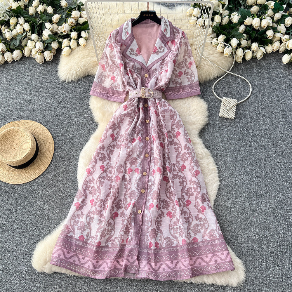 Frenchromantic style printingsense of designdressfemaleniche stylesummer suit collar waist slimming lookelegant long skirt