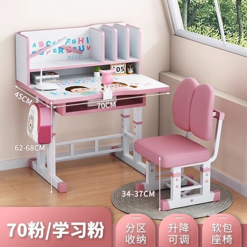 Student home desk set - kids' study table with bookshelf, adjustable height, storage, and chair combination