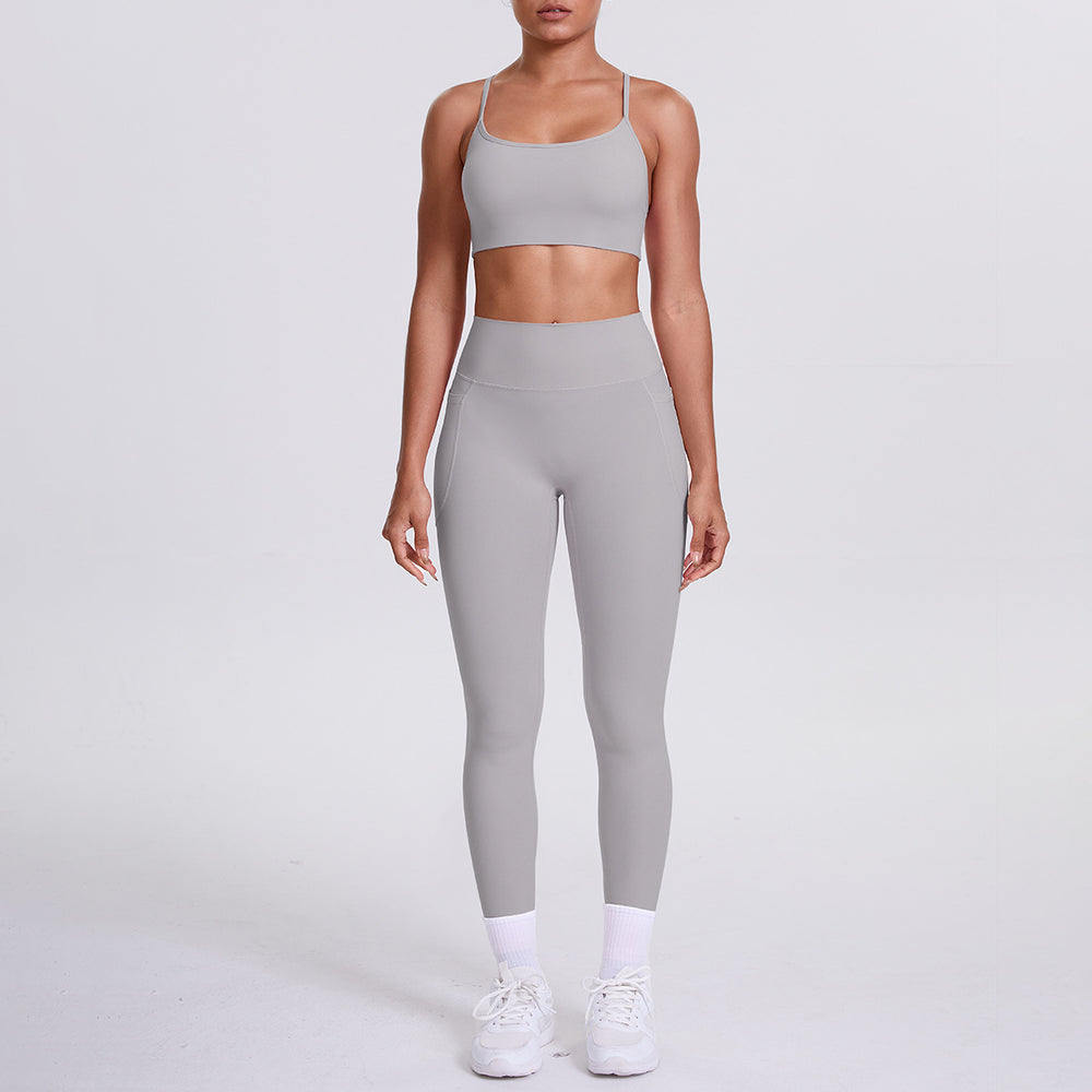 Cloud-feel compression yoga set: sexy open-back sports bra with high-waisted butt-lifting leggings and pockets - women's running & fitness apparel