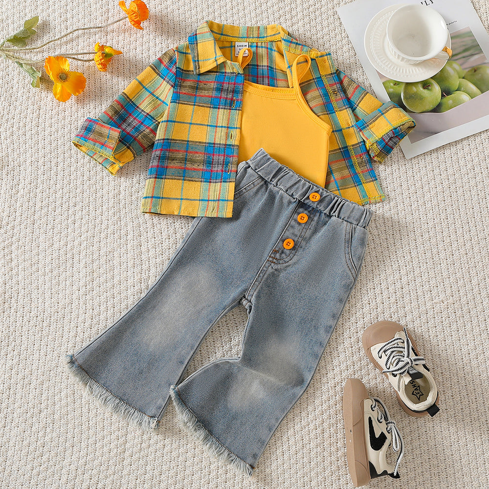 Trendy and playful yellow gingham shirt, jeans, and tank top three-piece set