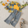 Trendy and playful yellow gingham shirt, jeans, and tank top three-piece set