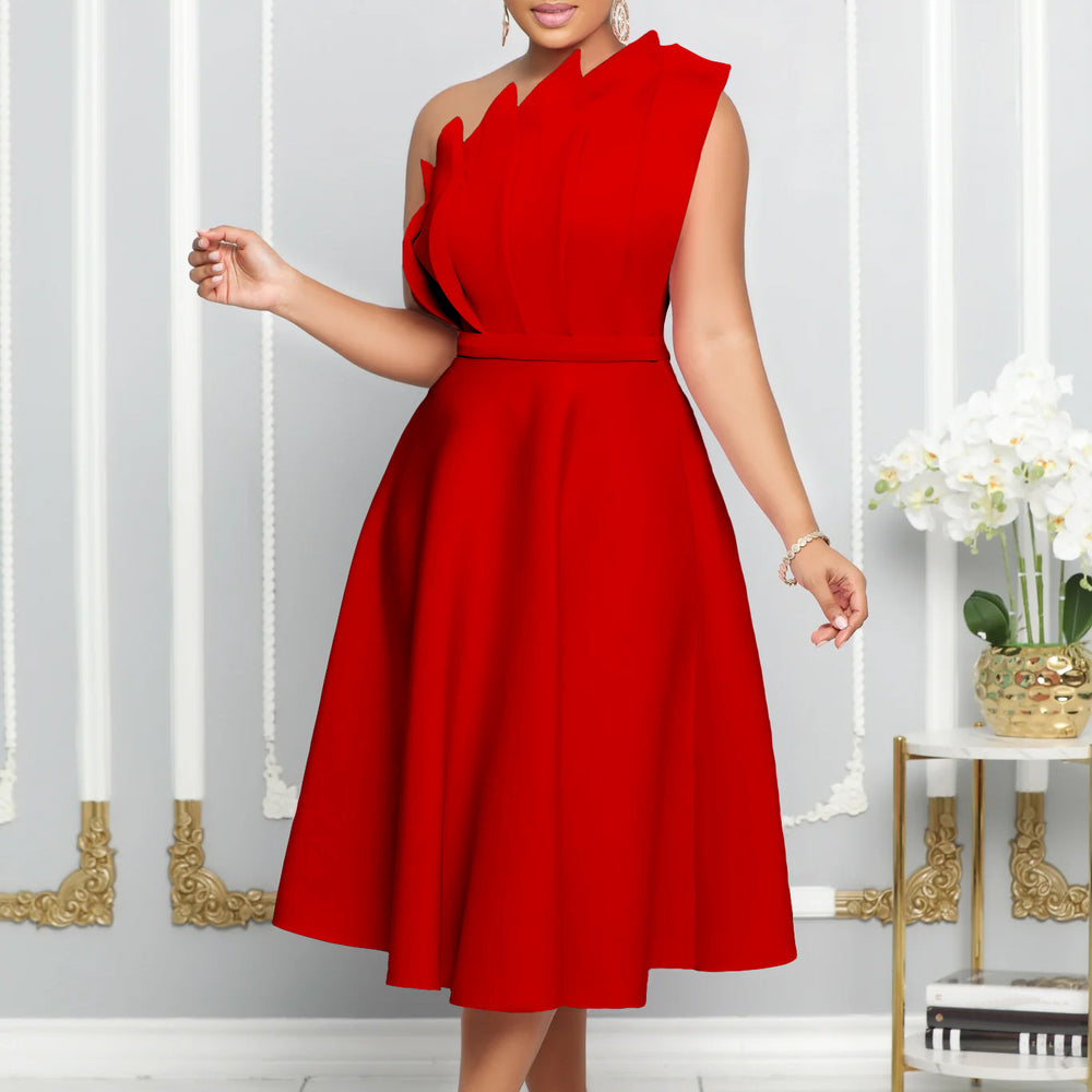D3200 plus size women's summer sexy asymmetrical neck ruched high waist evening gown party dress - cross-border dress