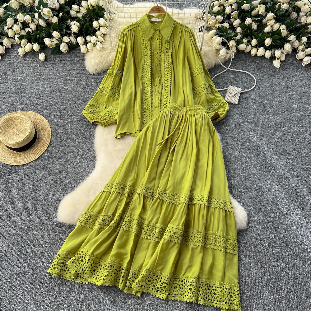 Age-reducing suit for women classy sense cut outlacepatchwork lantern long sleevesshirt + high waistslimming look large swing skirt