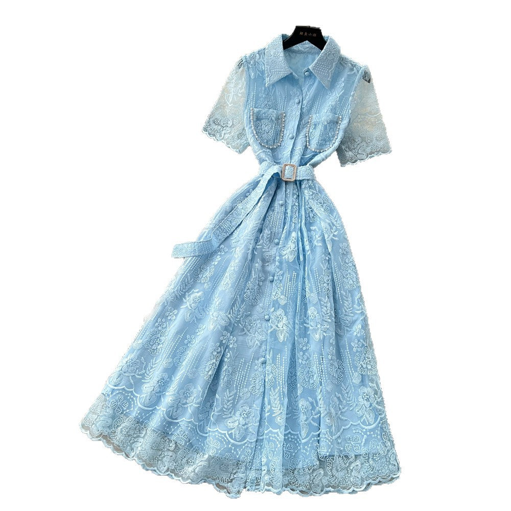 French chic embroidered lace dress - women's summer korean style a-line midi dress with cinched waist - perfect for work and everyday wear