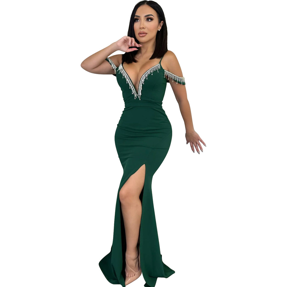 C6771 cross-border   fashion women's solid color tassel strap maxi dress